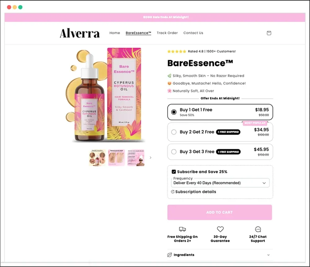 Alverra Shop’s BareEssence product page on Shopify